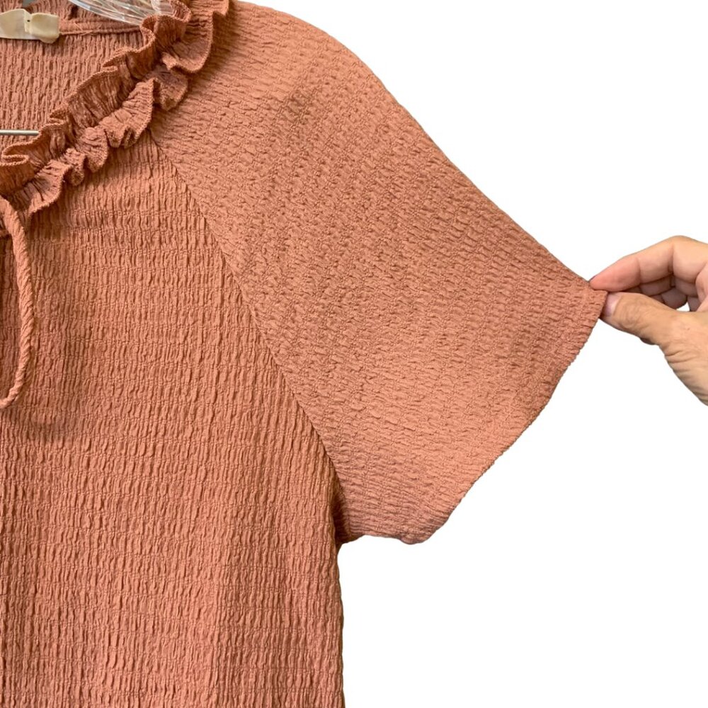 Women’s Rusty Brown Ruffle Neck Crinkle-Textured Blouse – Short Sleeve Top - Picture 3 of 6
